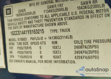 2000 Chevrolet S-10 Ls from USA, damaged, VIN 1GCCS1441Y8163215